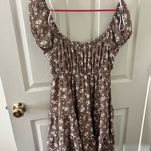 Altar'd State White and Brown Sundress with Puff Sleeves